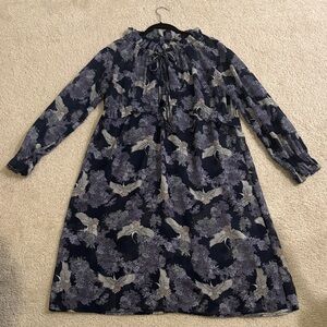 Ellos Navy Floral & White Crane Print Long Sleeve Dress